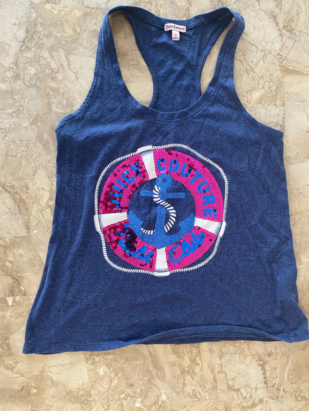 Juicy Couture Navy Tank Top with Pink & White Sequin Lifesaver Graphic